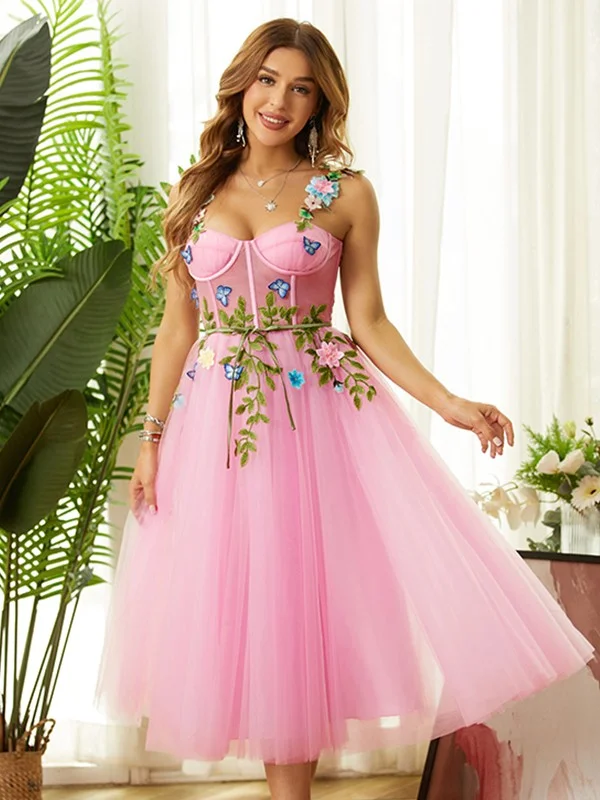 Cold-shoulder dresses for womenA-Line/Princess Tulle Hand-Made Flower Spaghetti Straps Sleeveless Tea-Length Dresses