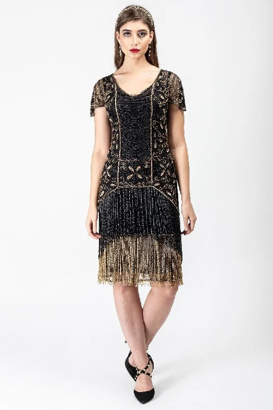 Workwear women's dressesEdith Flapper Style Fringe Dress in Black Gold