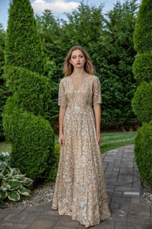 Flutter sleeve dresses for womenLight Chocolate Full Embroidered Gown - Rent