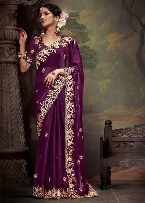 Limited edition dresses for collectorsWine Fancy Fabric Embroidered Festive Saree