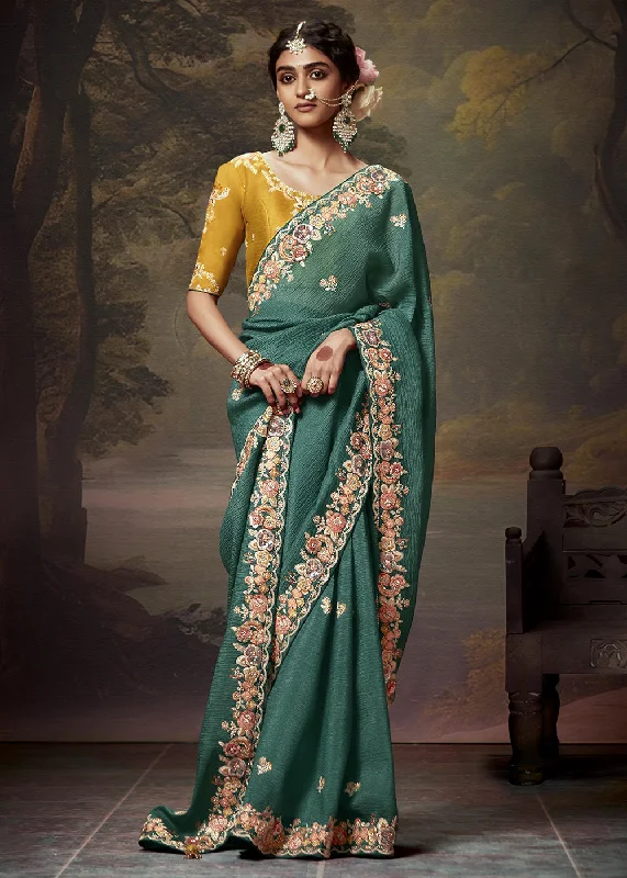 Evening gowns for formal eventsTeal Green Fancy Fabric Embroidered Festive Saree