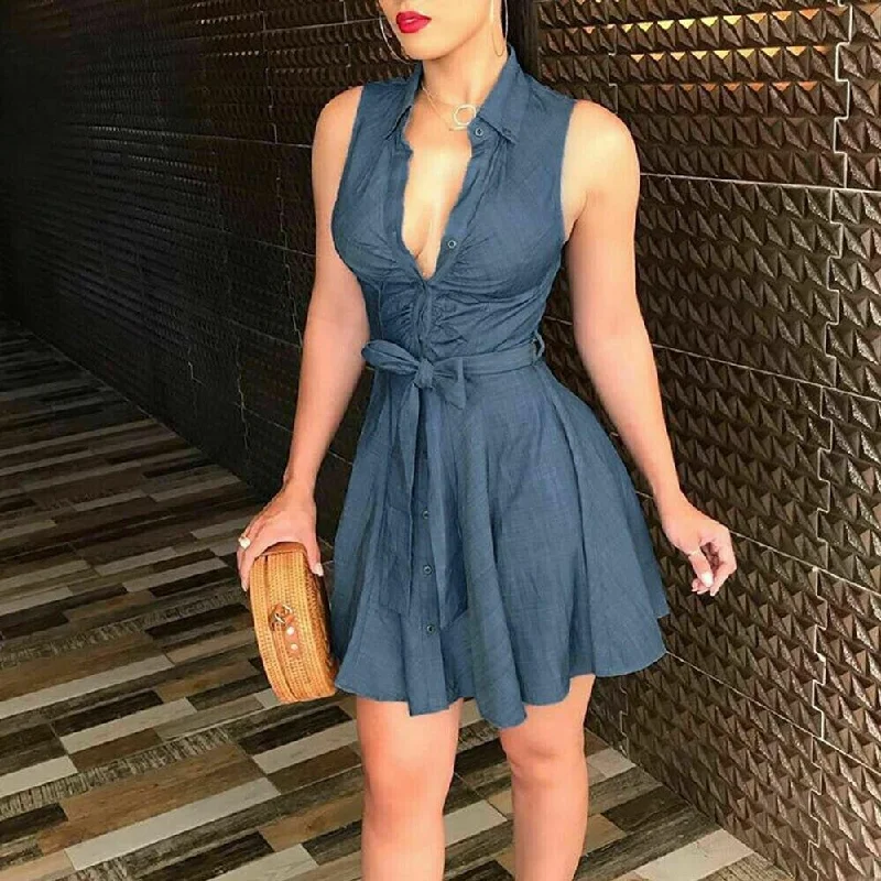 Strapless dresses for womenFashionSierra - Women Sleeveless Denim Deep V neck Dress