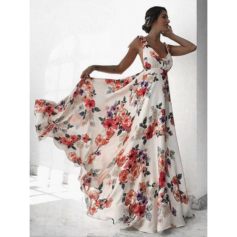 Halter dresses for womenFashionSierra - Floral Print Vacation Sleeveless V-Neck Backless Beach Dress