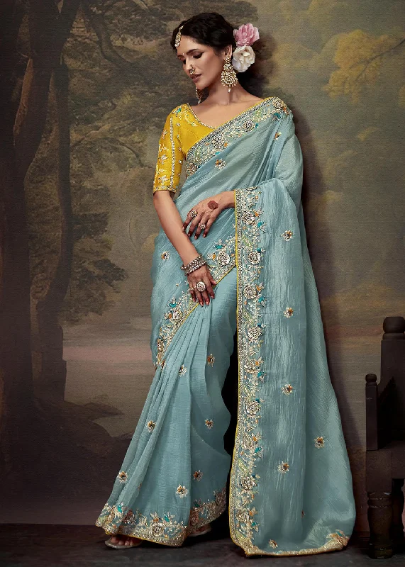 Gym wear dresses for athletic activitiesSky Blue Fancy Fabric Embroidered Festive Saree