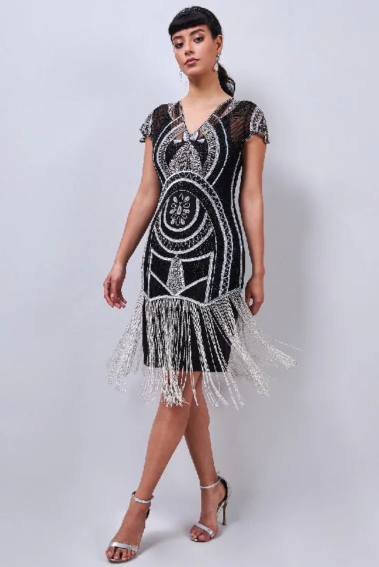 Autumn dresses for fall fashionMary Art Deco Fringe Dress in Black Silver