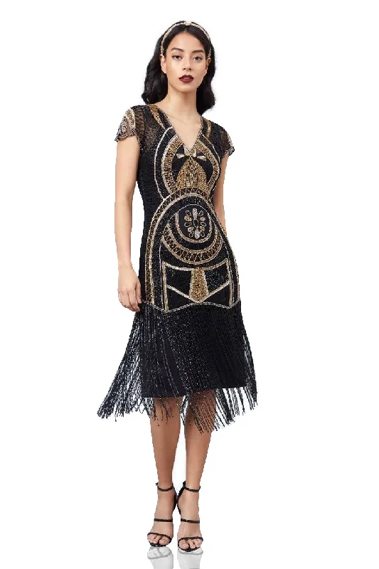 Winter dresses for cold weatherMary Art Deco Fringe Dress in Black Gold