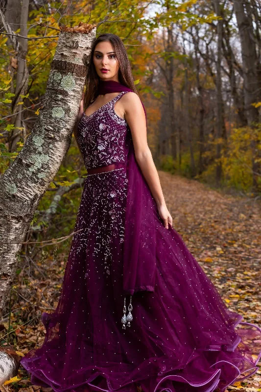 Dancewear dresses for performancesWine Color Net Embroidered Anarkali Gowns with Dupatta - Clearance