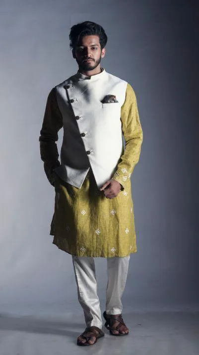 Workout dresses for active lifestylesPlain White  Off Centre Nehru with a Subdued Green Kurta - Rent