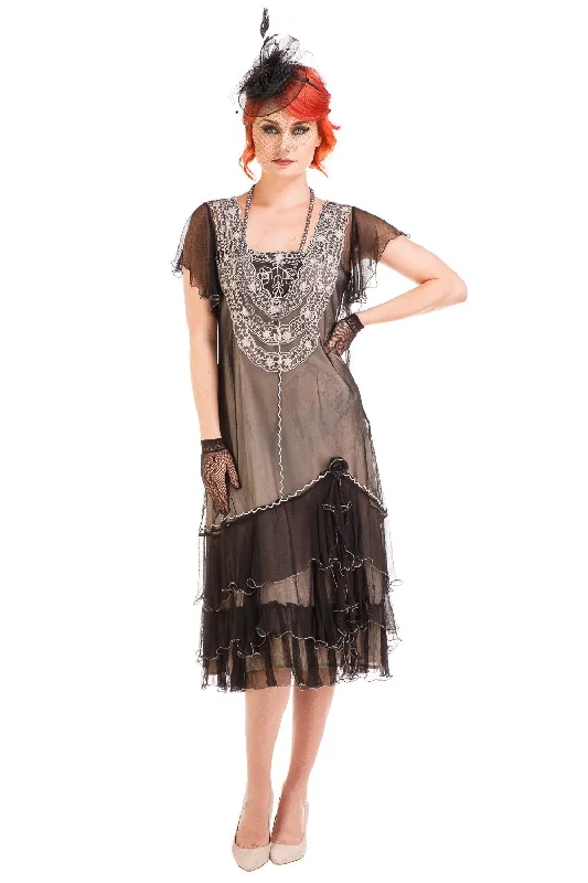 High-low hem dresses for womenAlexa 1920s Flapper Style Dress in Black-Silver by Nataya