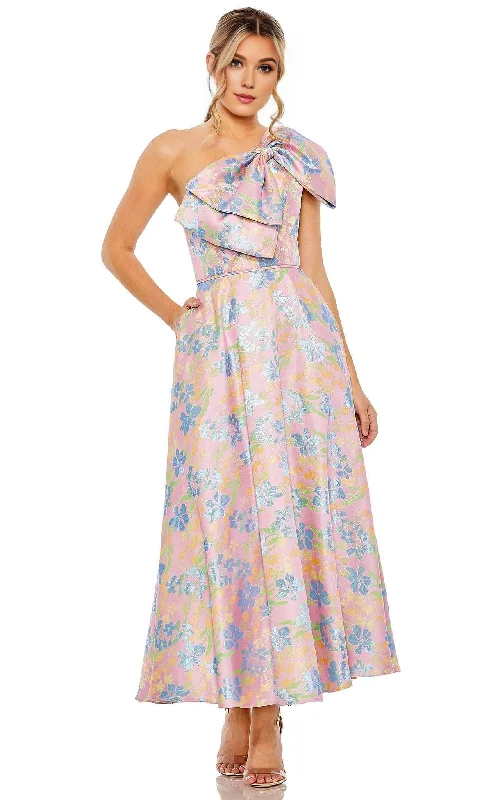 Tall women's dressesA-Line Tea length Floral Printed One Shoulder Dress Cocktail Dresses