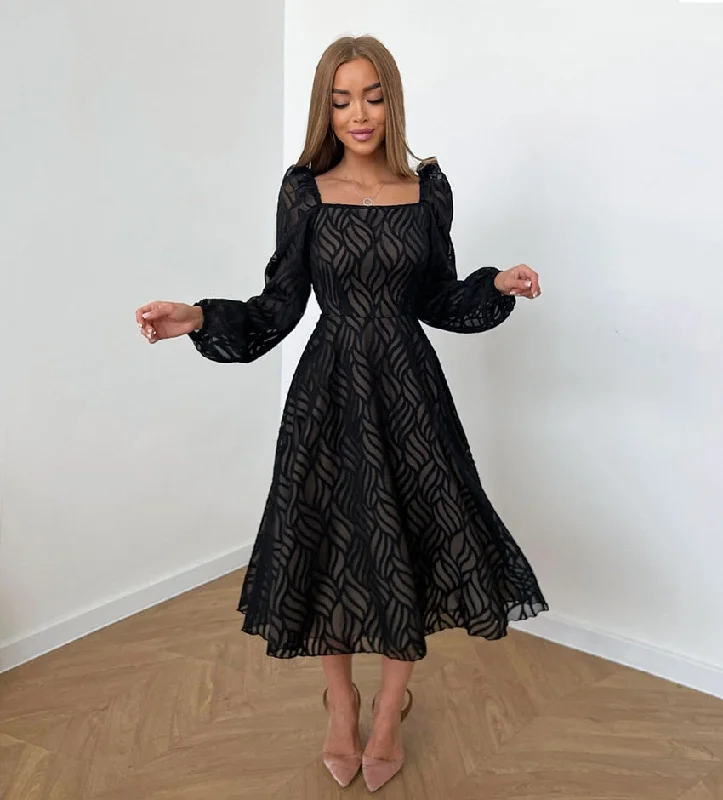 Evening gowns for formal eventsBerriesJam - Lantern Sleeve Jacquard Black A-Line Dress