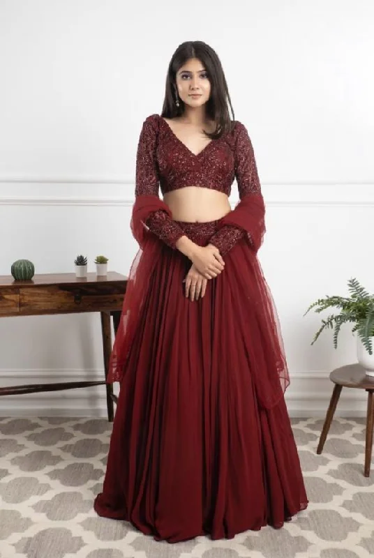 Cap sleeve dresses for womenDesigner Kanika Kapoor's Fabulous Maroon Color Georgette Lehenga - Rent