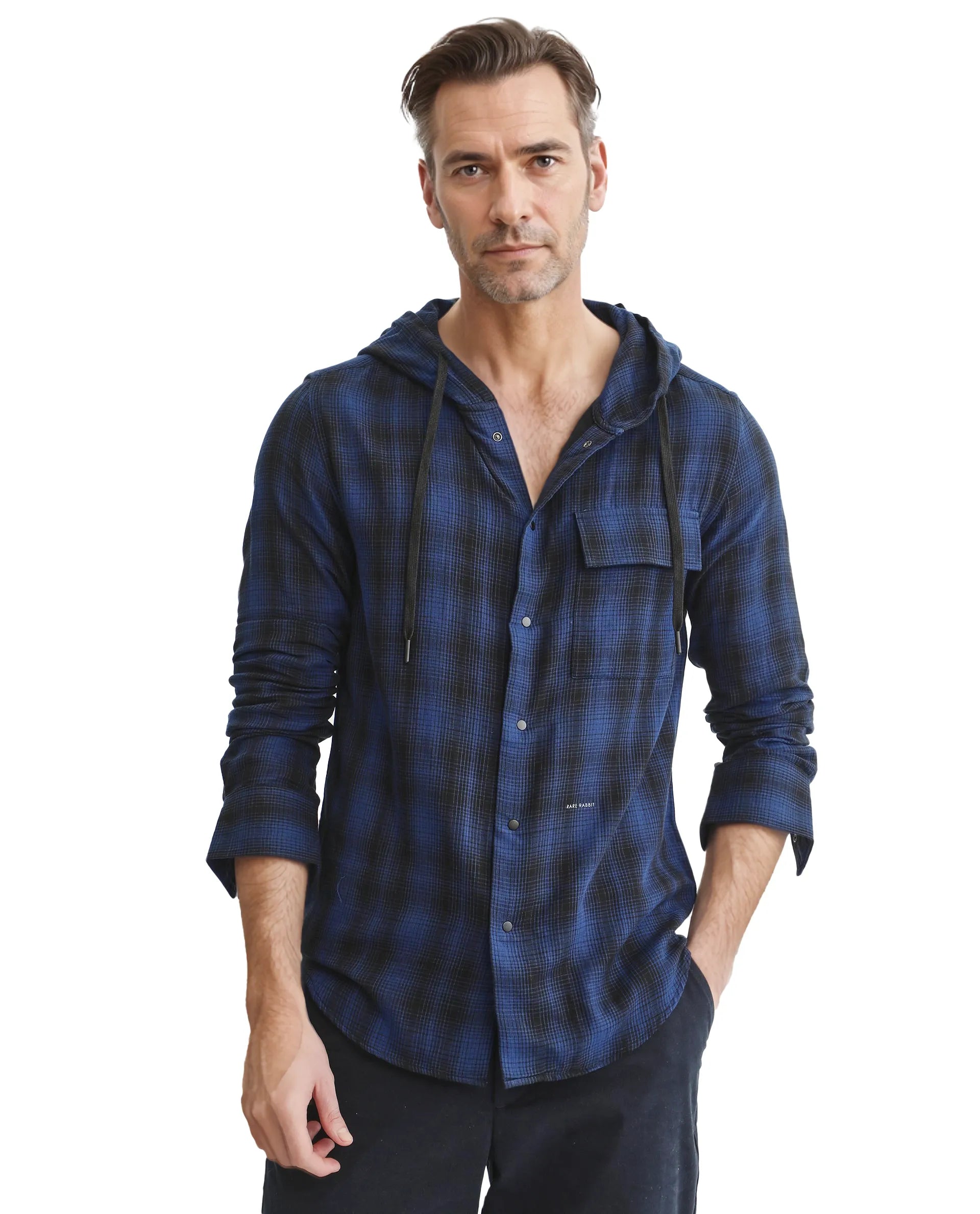 activewear tops for menRare Rabbit Men's Dartmouth Navy Cotton Fabric Full Sleeve Collared Neck Oversized Fit Checks Shirt