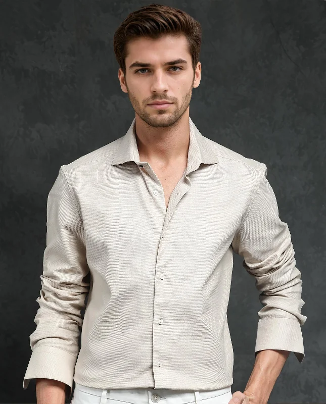tops with embroidery for menRare Rabbit Men's Comb-1 Light Beige Cotton Fabric Full Sleeves Solid Shirt