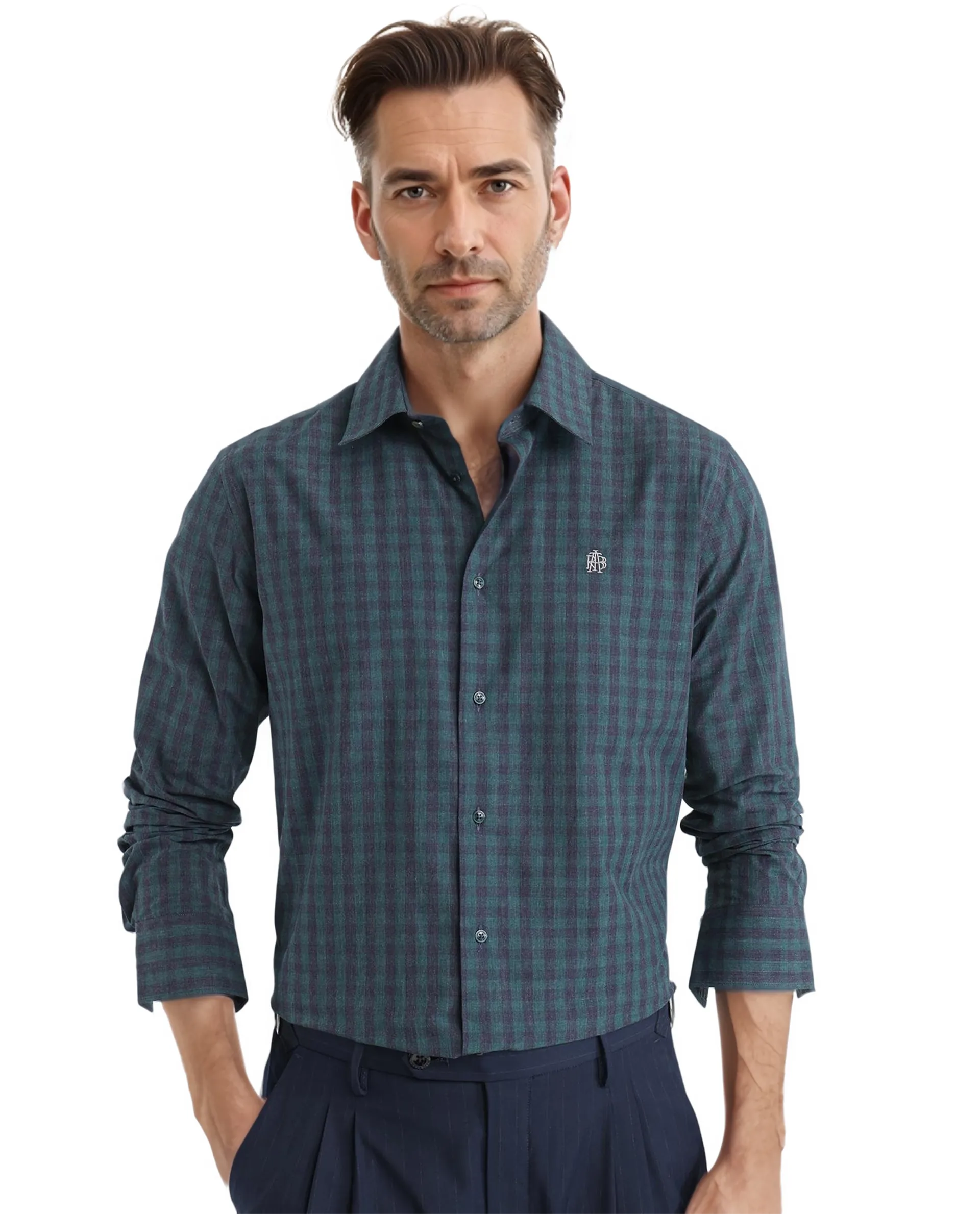 western-style shirts for menRare Rabbit Men Otts Dark Green Cotton Poly Fabric Full Sleeve Regular Fit Checked Shirt