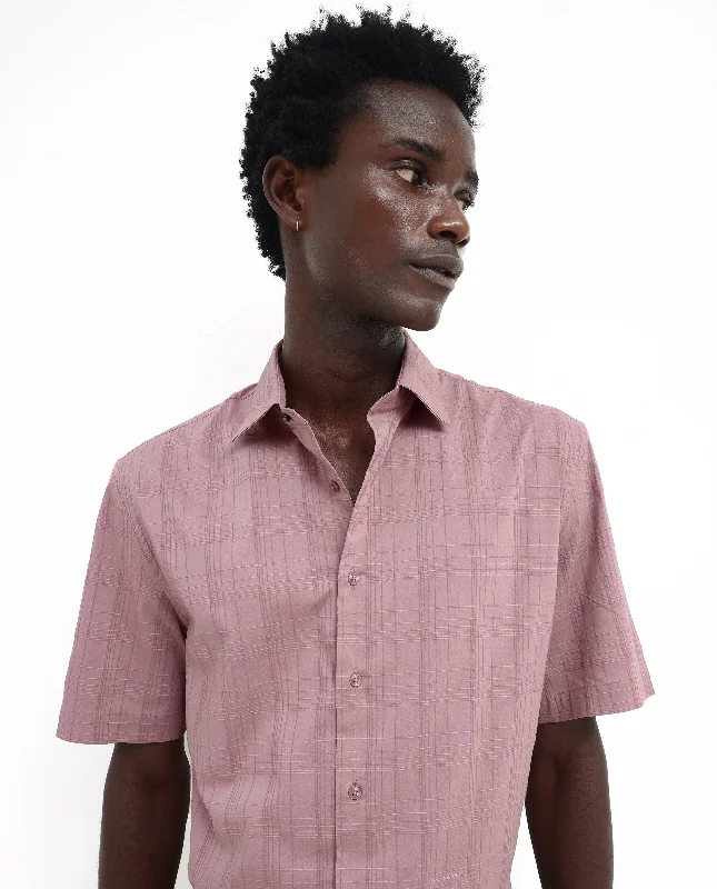 tops made from leather for menRare Rabbit Men's Pesca Dusky Pink Cotton Polyester Fabric Short Sleeve Boxy Fit Checks Shirt