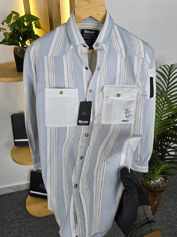 tops with zippers for menStripe Double Pocket Shirt L Grey