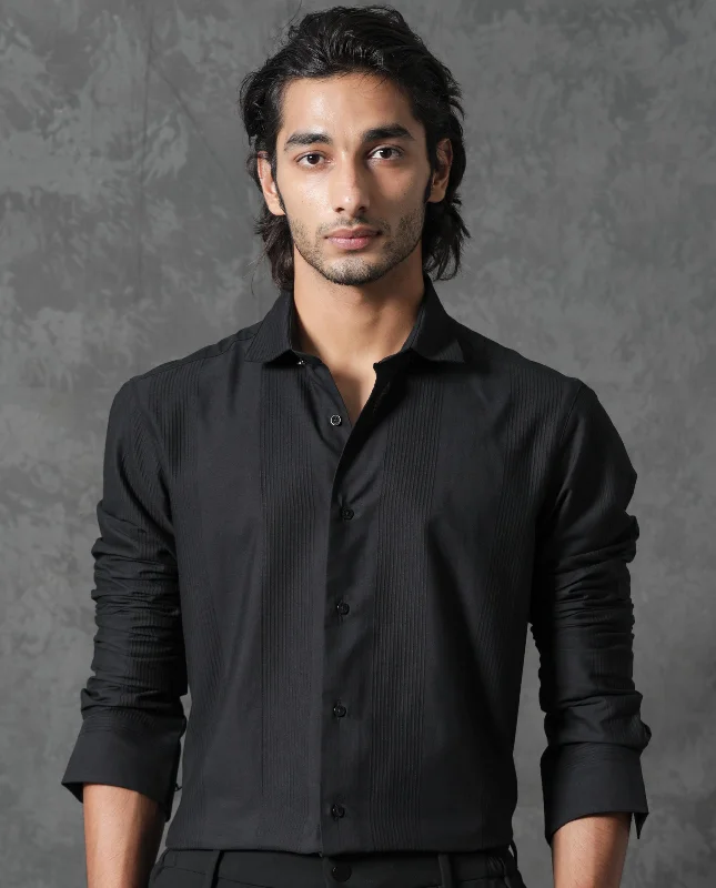 tops made from performance fabrics for menRare Rabbit Men's Lurtz-1 Black Cotton Fabric Full Sleeves Striped Shirt