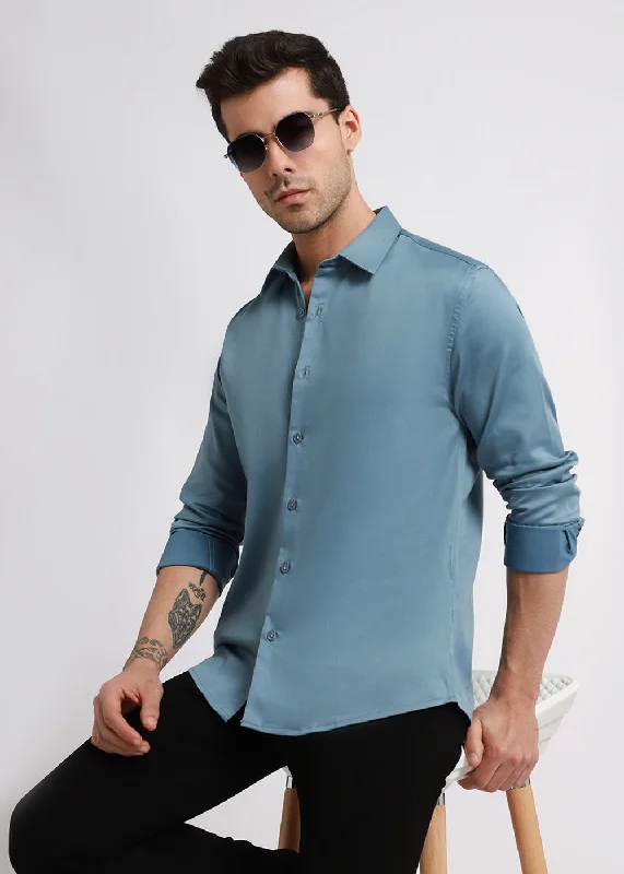 tops with buttons for menAegean Blue Satin Shirt