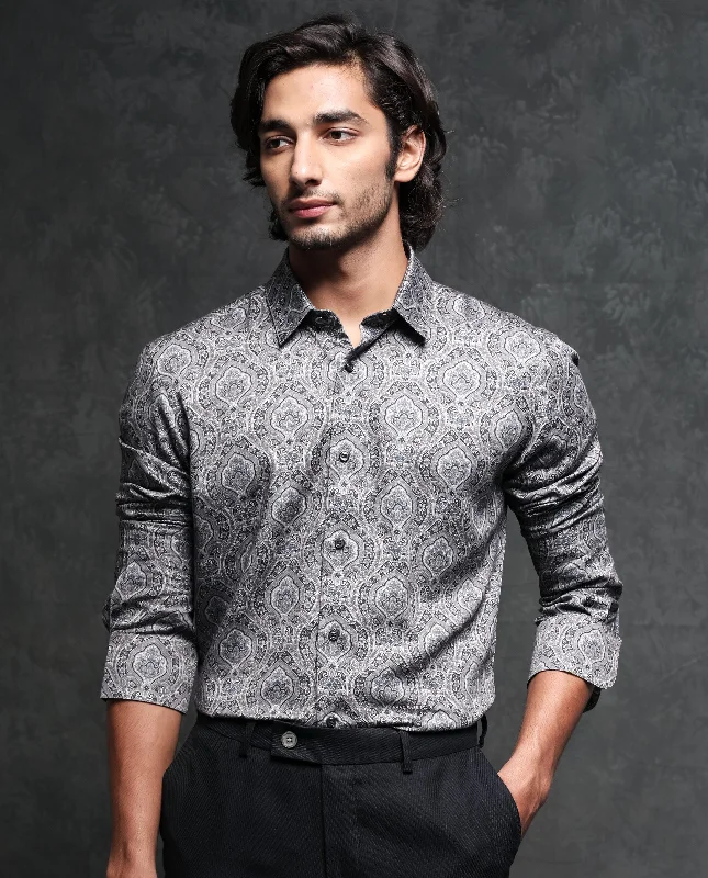 relaxed-fit tops for menRare Rabbit Men's Raja Black Cotton Modal Fabric Geometric Paisley Print Full Sleeves Shirt