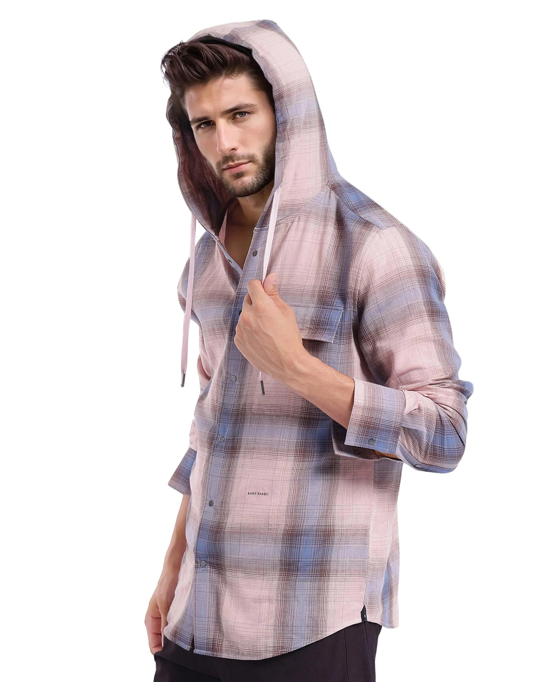 flannel shirts for menRare Rabbit Men's Dartmouth Dusky Pink Cotton Fabric Full Sleeve Collared Neck Oversized Fit Checks Shirt