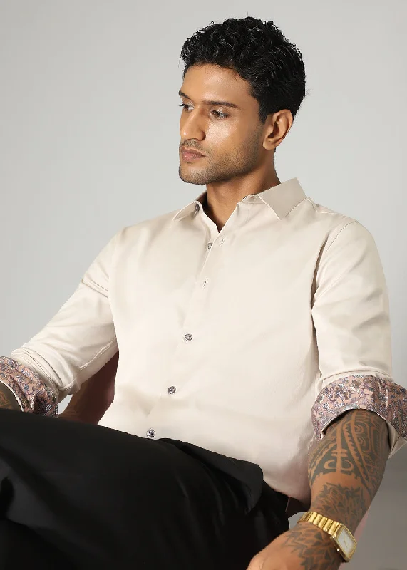 oversized tops for menBeige Printed Cuff Shirt