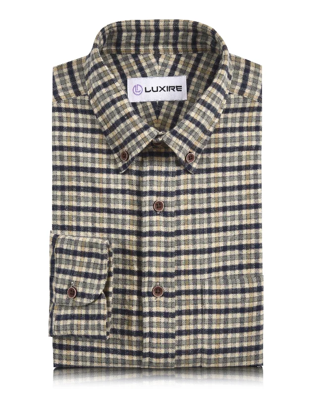 indoor tops for menNavy Green Tattersall On Beige Flannel Work Shirt