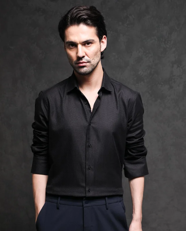 tops with removable hoods for menRare Rabbit Men's Cosa-1 Black Cotton Fabric Full Sleeves Solid Shirt