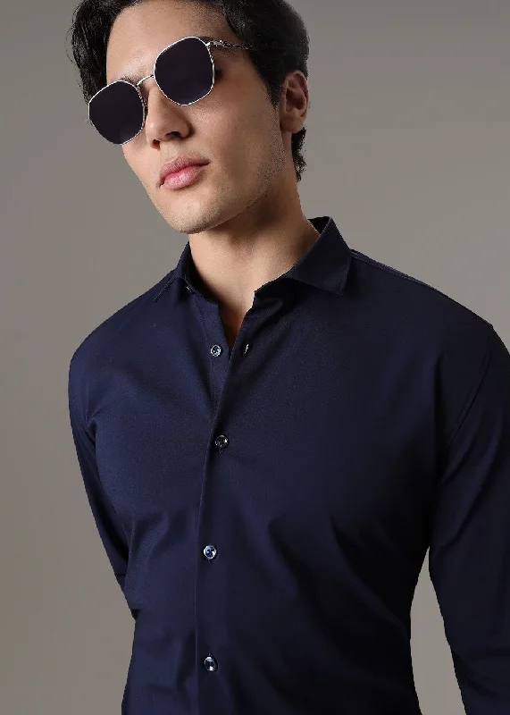 high-neck tops for menDark Blue Wrinkle Free Shirt