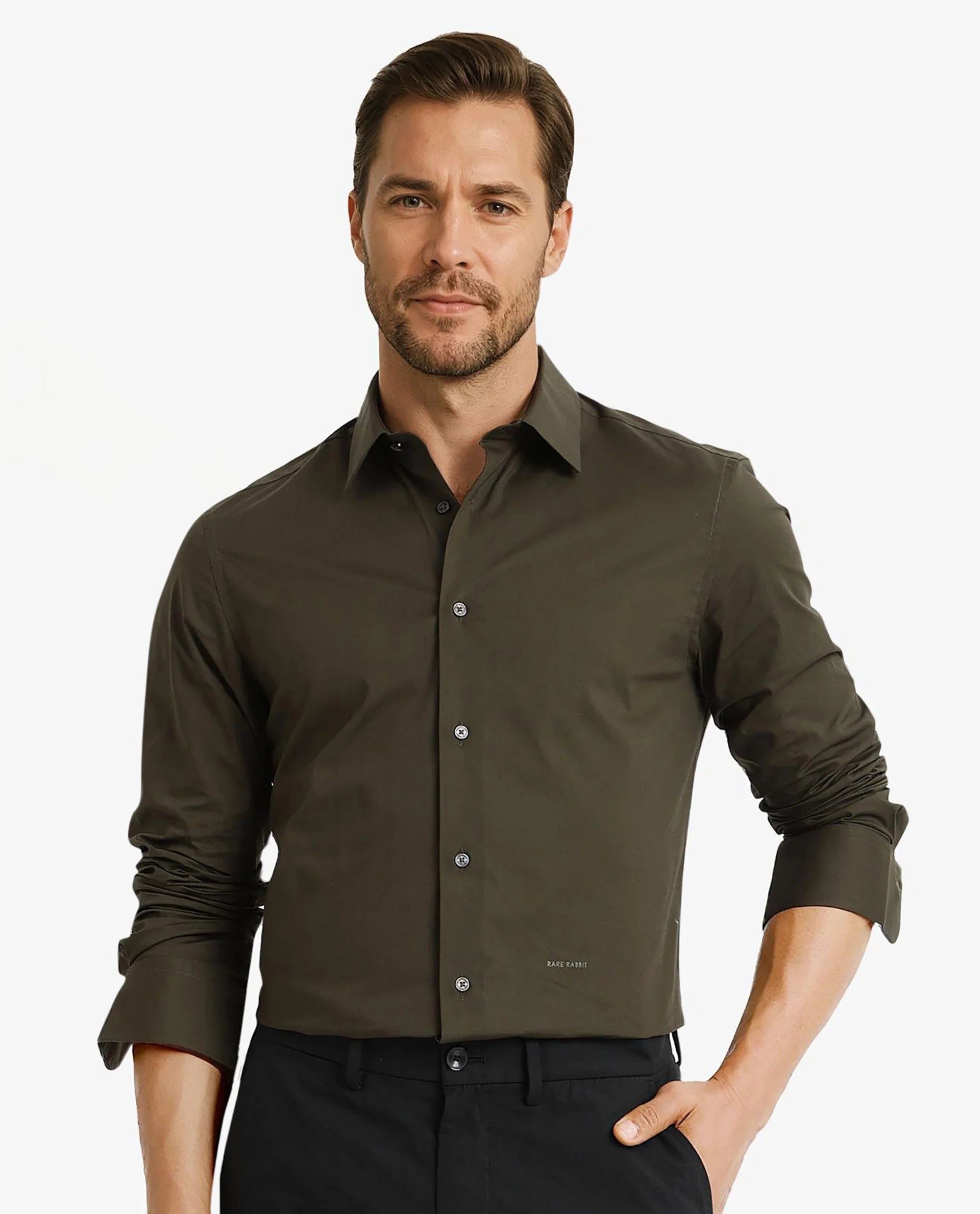 water-resistant jackets for menRare Rabbit Men Neutron-9 Olive Cotton Fabric Full Sleeves Regular Fit Solid Shirt