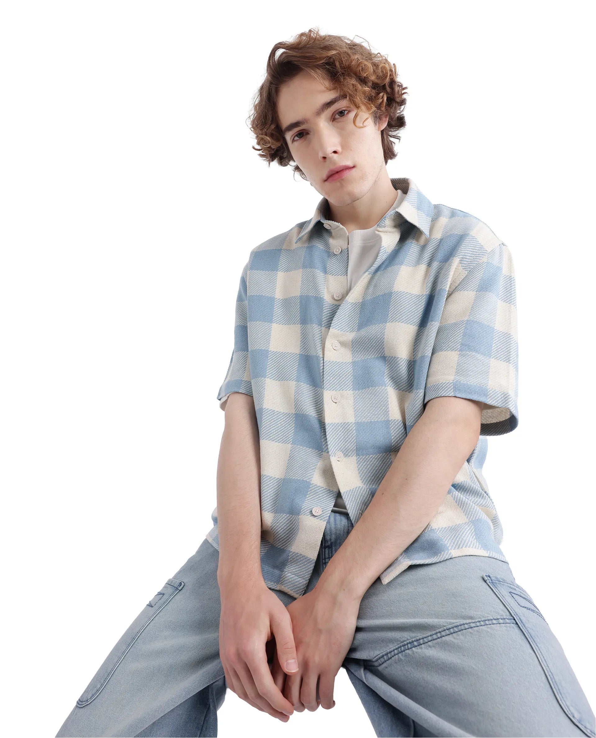 long-sleeved shirts for menRare Rabbit Men's Vexlum Light Blue Cotton Fabric Short Sleeve Collared Neck Button Closure Printed Shirt