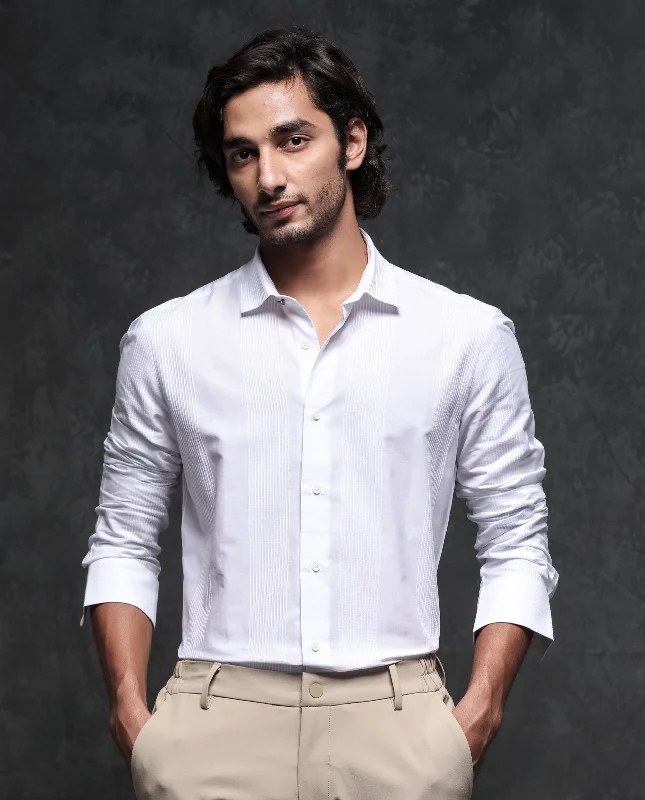 tops with rolls for menRare Rabbit Men's Lurtz-1 White Cotton Fabric Full Sleeves Striped Shirt