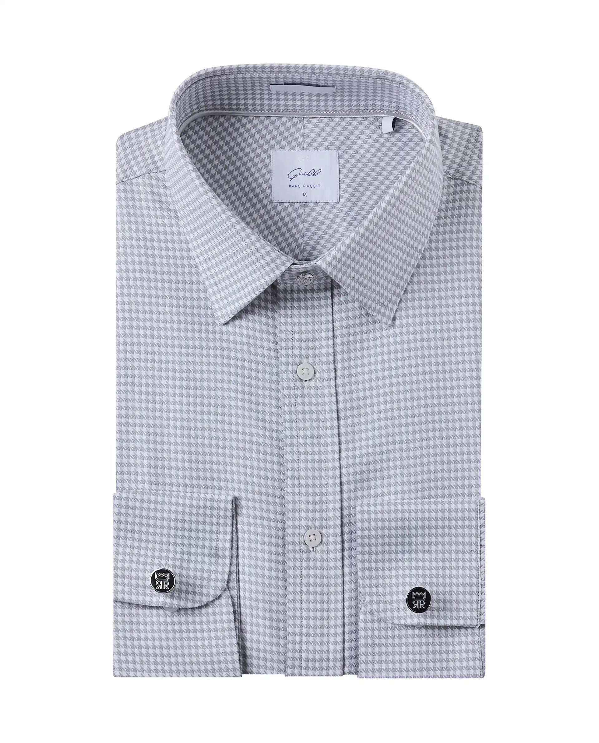 cable-knit sweaters for menRare Rabbit Men Tucky Grey Cotton Blend Fabric Full Sleeve Regular Fit Houndstooth Print Cufflinked Premium Business Shirt