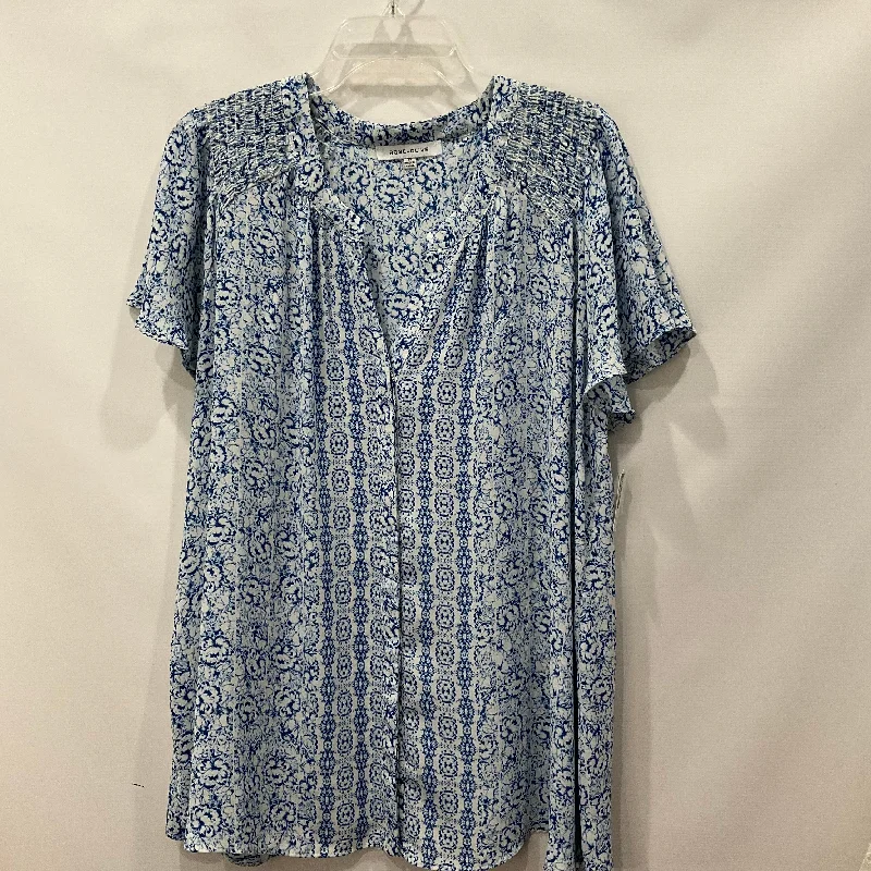 UV-protective women's topsBlue & White Top Short Sleeve Rose And Olive, Size 2x