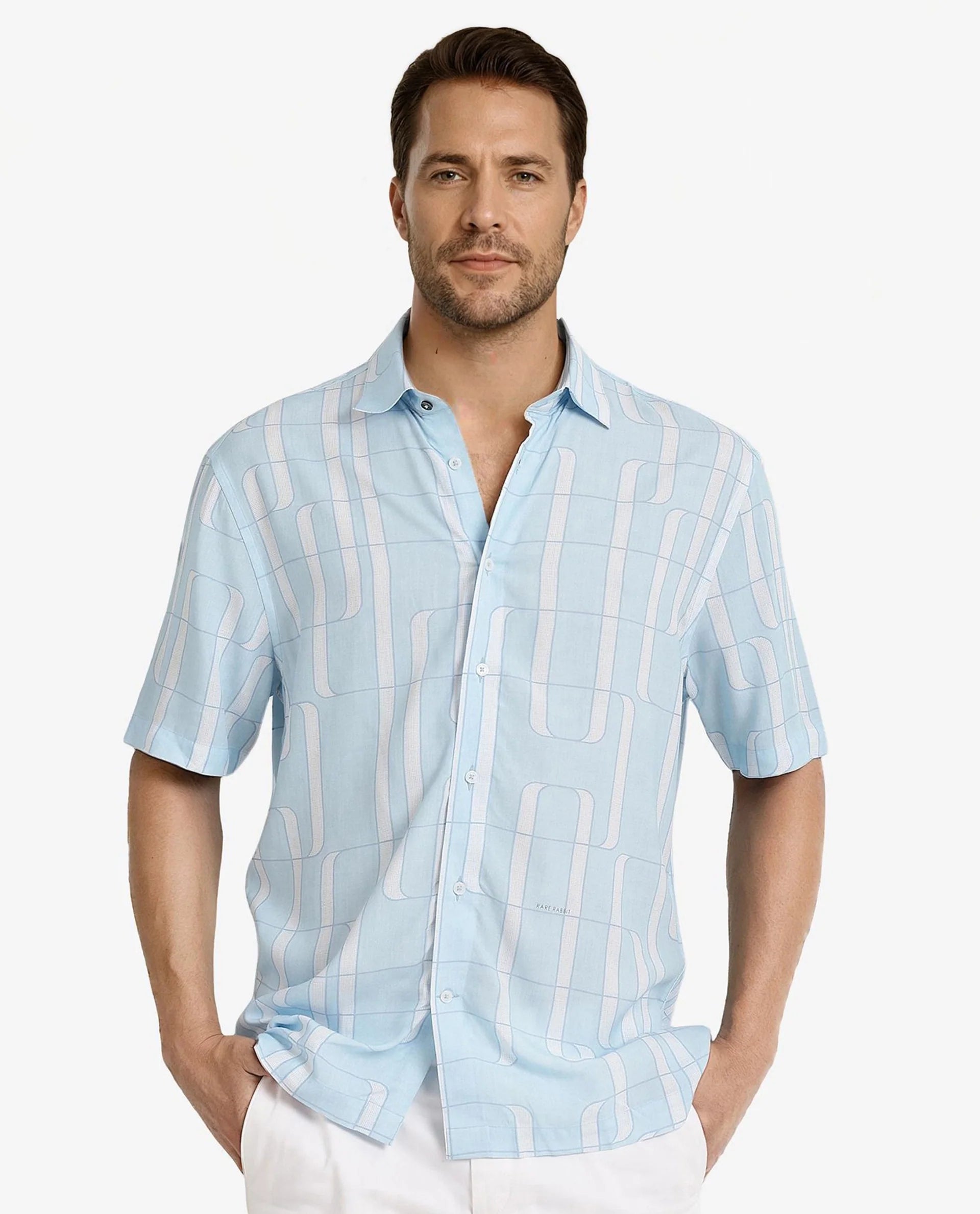 argyle sweaters for menRare Rabbit Men Holter Light Blue Viscose Fabric Short Sleeve Boxy Fit Abstract Print Shirt