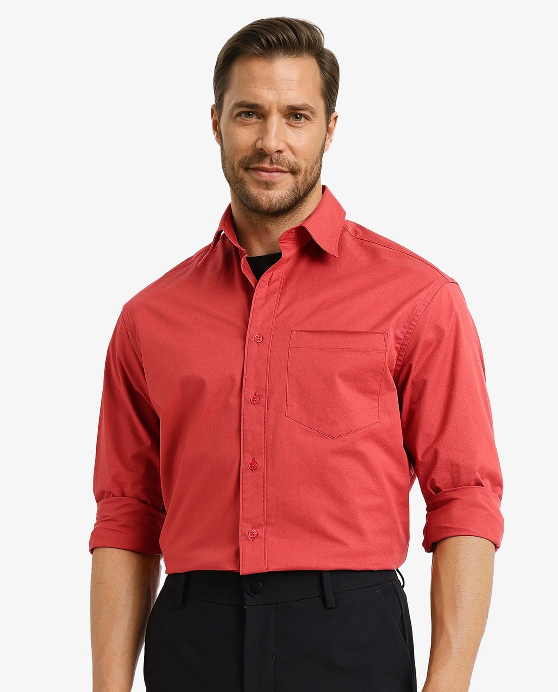 anoraks for menRare Rabbit Men's Crofty Red Cotton Lycra Fabric Full Sleeves Collared Neck Regular Fit Plain Shirt