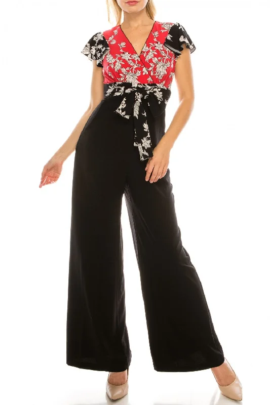 Flutter sleeve dresses for womenGabby Skye - Floral Print V-neck Jumpsuit 57442MGSC