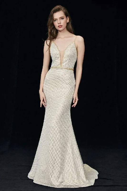 Statement dresses for making a fashion statementAngela & Alison - Plunging Neck Adorned Sweep Train Dress 81086SC