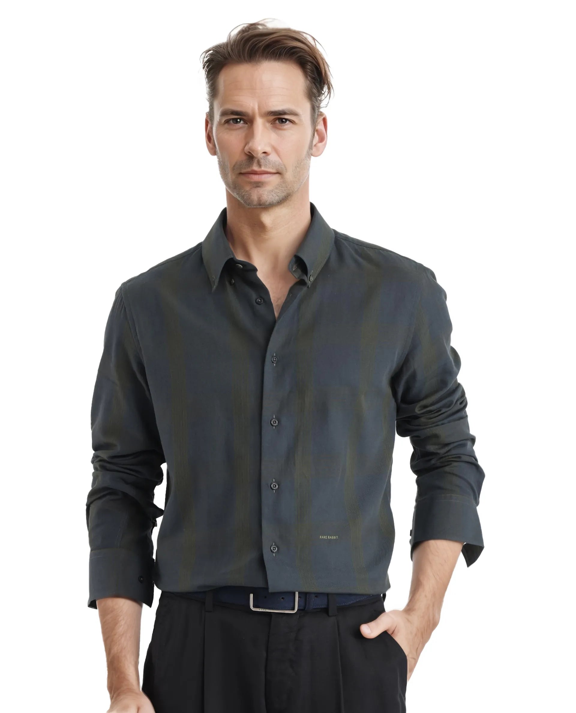 fleece jackets for menRare Rabbit Men's Magone Dark Green Cotton Fabric Full Sleeve Collared Neck Checks Shirt
