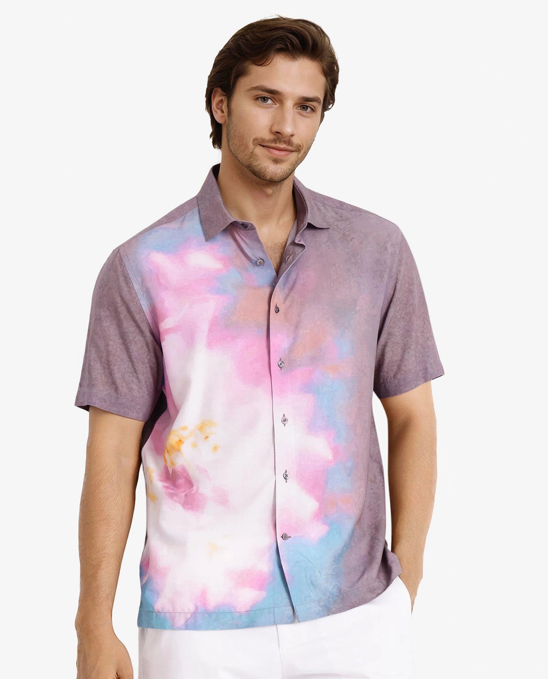 plain tees for menRare Rabbit Men's Ankaa Grey Viscose Fabric Regular Collar Short Sleeve Abstract Ombre Print Shirt
