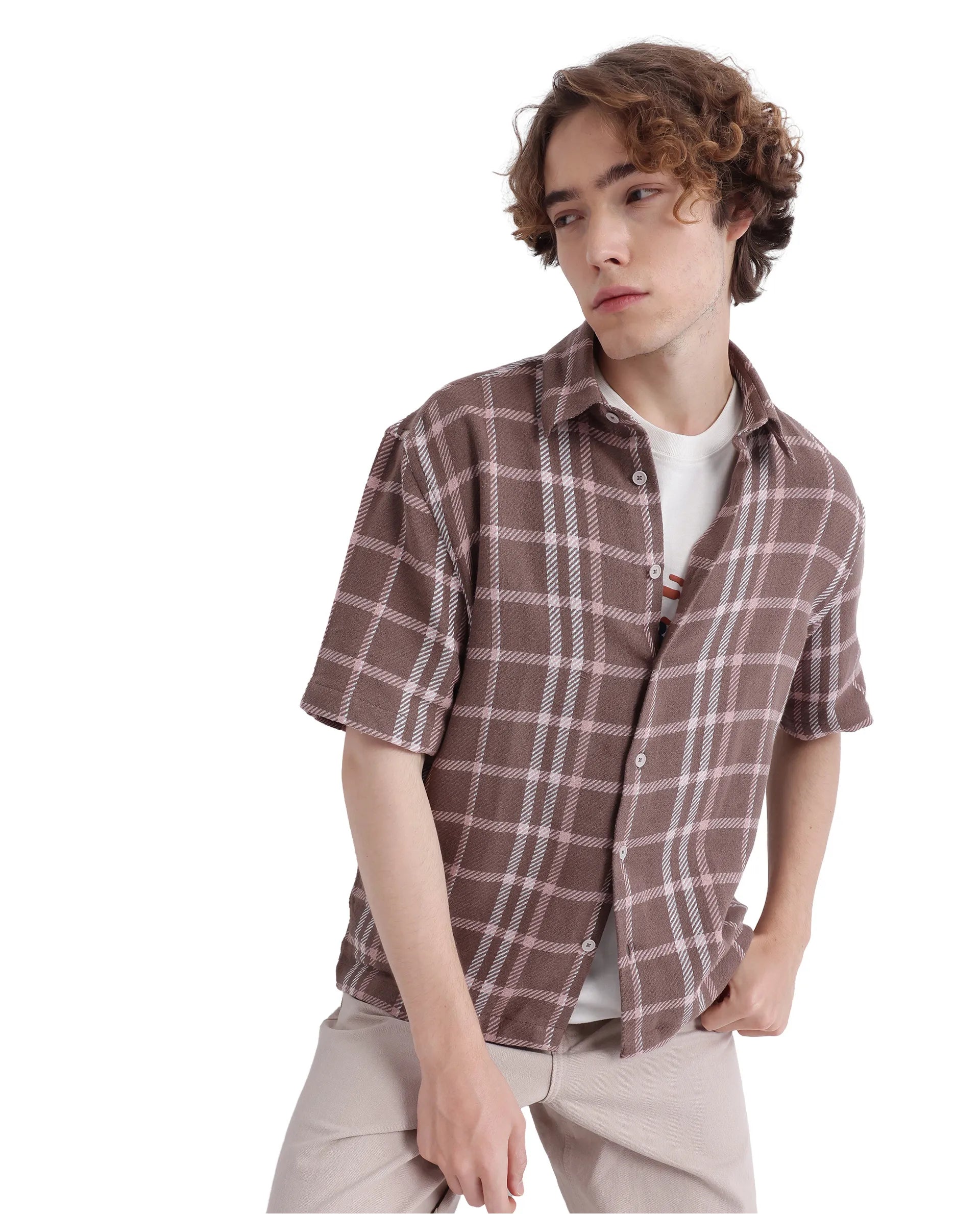 tailored-fit tops for menRare Rabbit Men's Vexlum Light Brown Cotton Fabric Short Sleeve Collared Neck Button Closure Printed Shirt