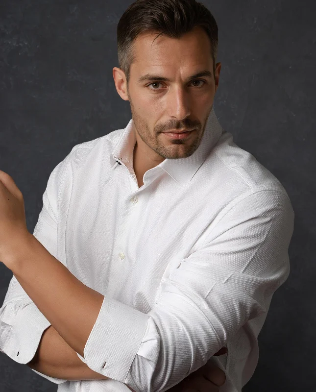 thermal tops for menRare Rabbit Men's Hosa White Cotton Fabric Full Sleeves Stripped Shirt