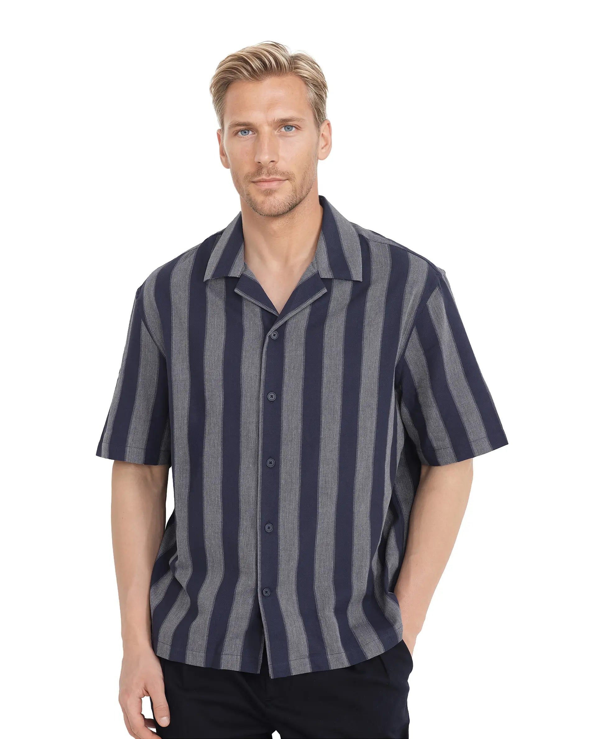 tops with zippers for menRare Rabbit Men's Dushan Navy Cotton Fabric Short Sleeve Cuban Collared Boxy Fit Striped Shirt
