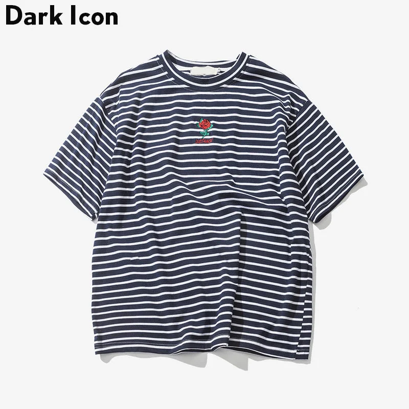 tops with rolls for menDark Icon Rose Embroidery Striped T-shirt
