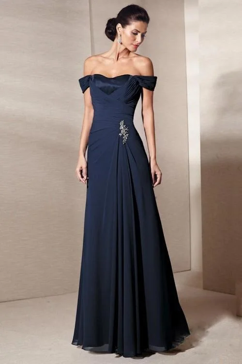 Fit-and-flare dresses for womenAlyce Paris - Mother of the Bride - 29300 Draped Off-Shoulder Rhinestone Brooch Accent A-Line Gown - 1 pc Navy In Size 8 Available