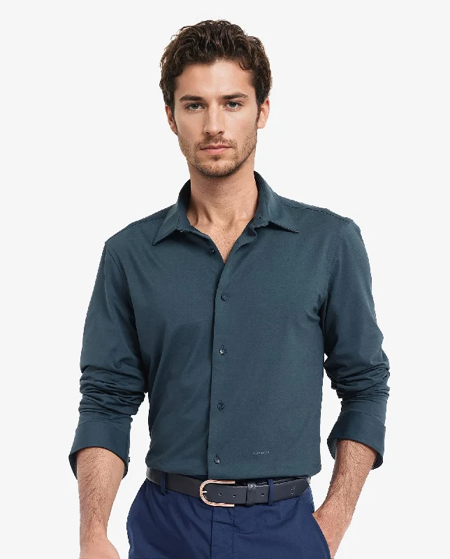 tops with rolls for menRare Rabbit Men's Flyknit Teal Cotton Polyester Fabric Full Sleeves Knitted Solid Shirt