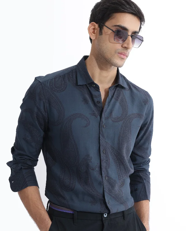 denim shirts for menRare Rabbit Men's Hera Blue Viscose Fabric Paisley Print Full Sleeves Shirt