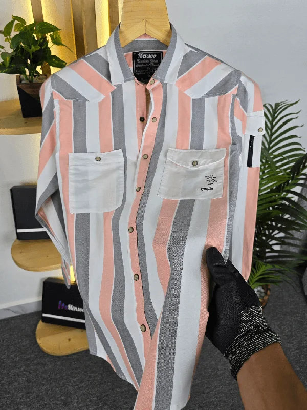 tailored-fit tops for menStripe Double Pocket Shirt Pink Grey