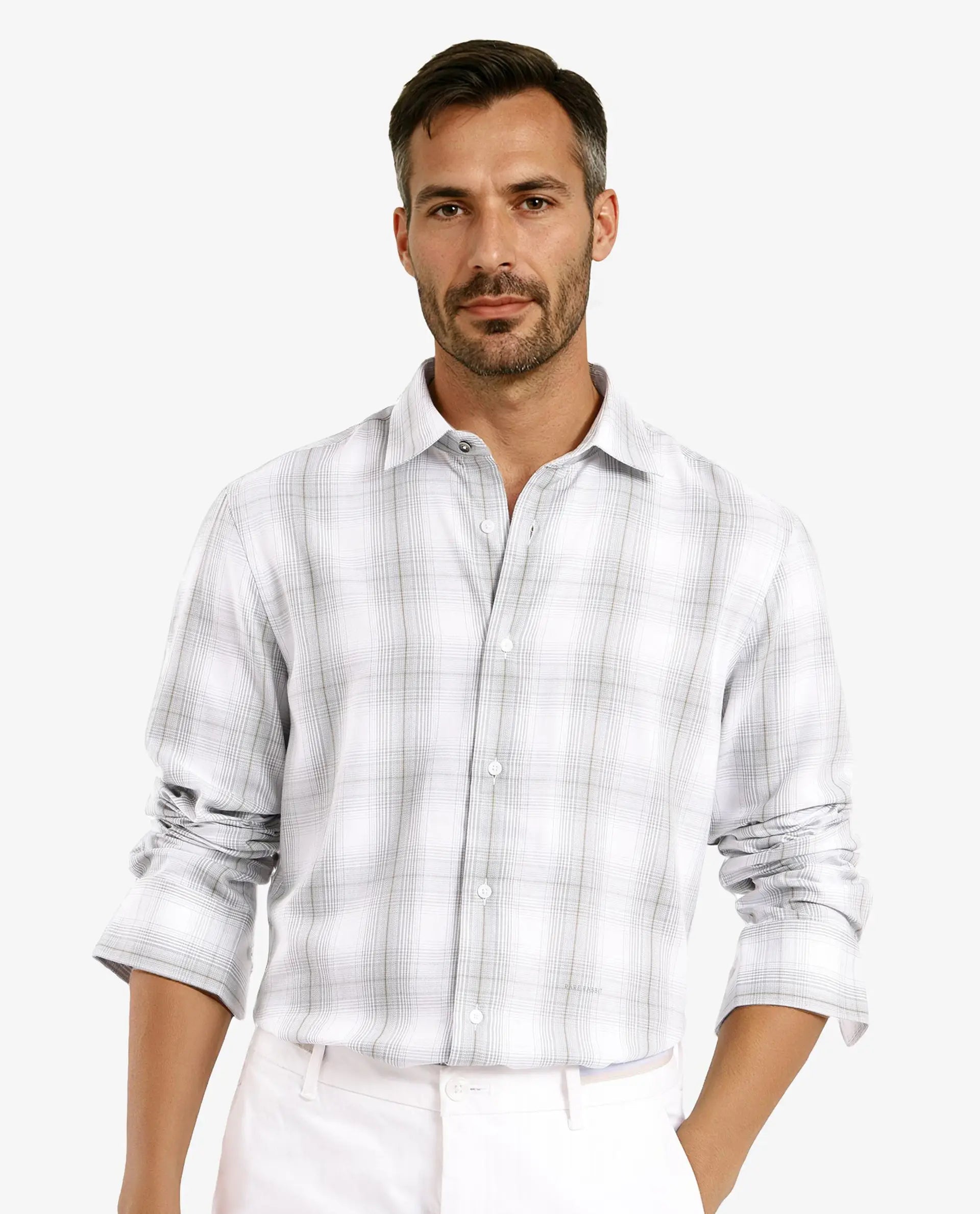 tops with ruffles for menRare Rabbit Men's Lorde Dusky Green Cotton Fabric Regular Fit Checks Shirt