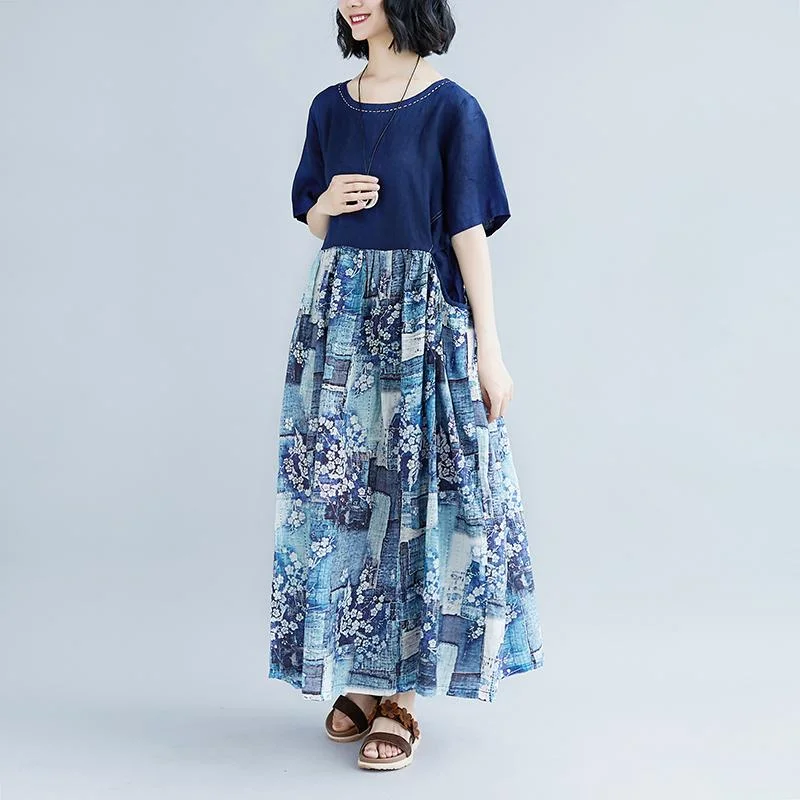 Velvet dresses for womenvintage linen caftans plus size Lacing Summer Short Sleeve Casual Pockets Long Dress
